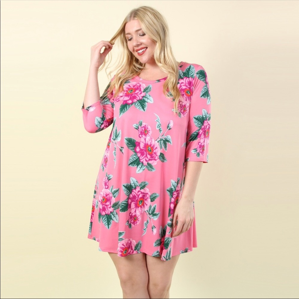Host Pick! Plus Size Pink Floral Print Swing Dress